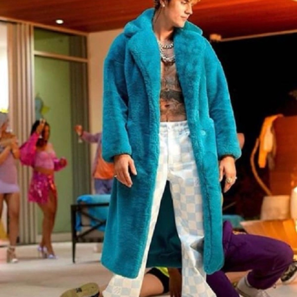 Justin Bieber Blue Faux Fur Coat